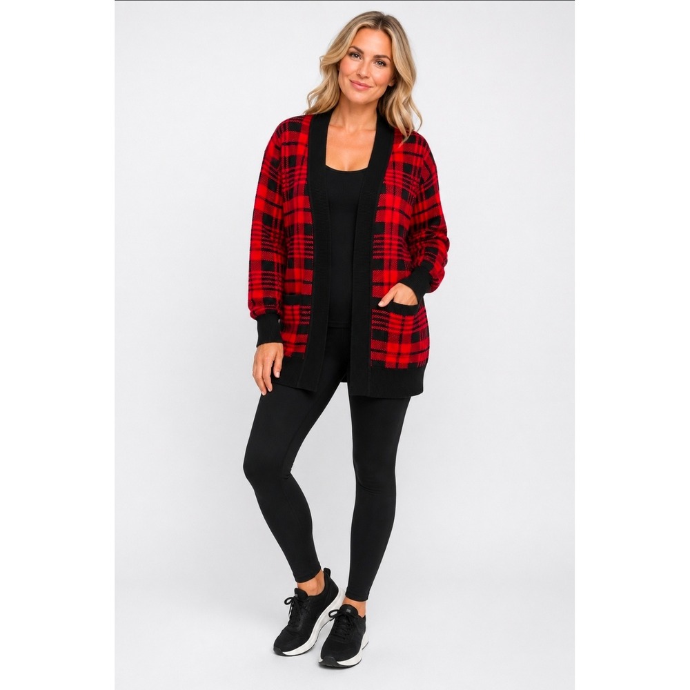 MEROKEETY Womens XL Plaid Open‎ Front Cardigan Buffalo Check Red Black Sweater